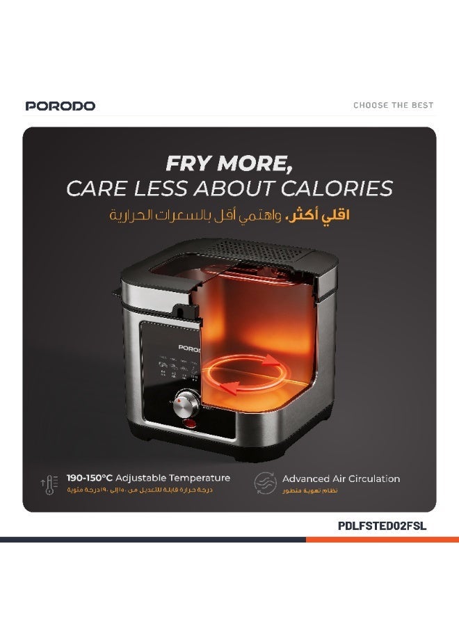 بورودو مقلاة كهربائية لايف ستايل سعة 2.5 لتر بقوة 1200 واط مع درجة حرارة قابلة للتعديل، سلة قلي قابلة للغسل، مقبض بارد الملمس، غطاء قابل للإزالة، صينية ووعاء غير لاصقين، نظام تهوية متطور، مصنوعة من الفولاذ المقاوم للصدأ، تحكم دقيق في الطهي، قوة قلي ذكية، مؤشر ضوئي - فضي - Image 2